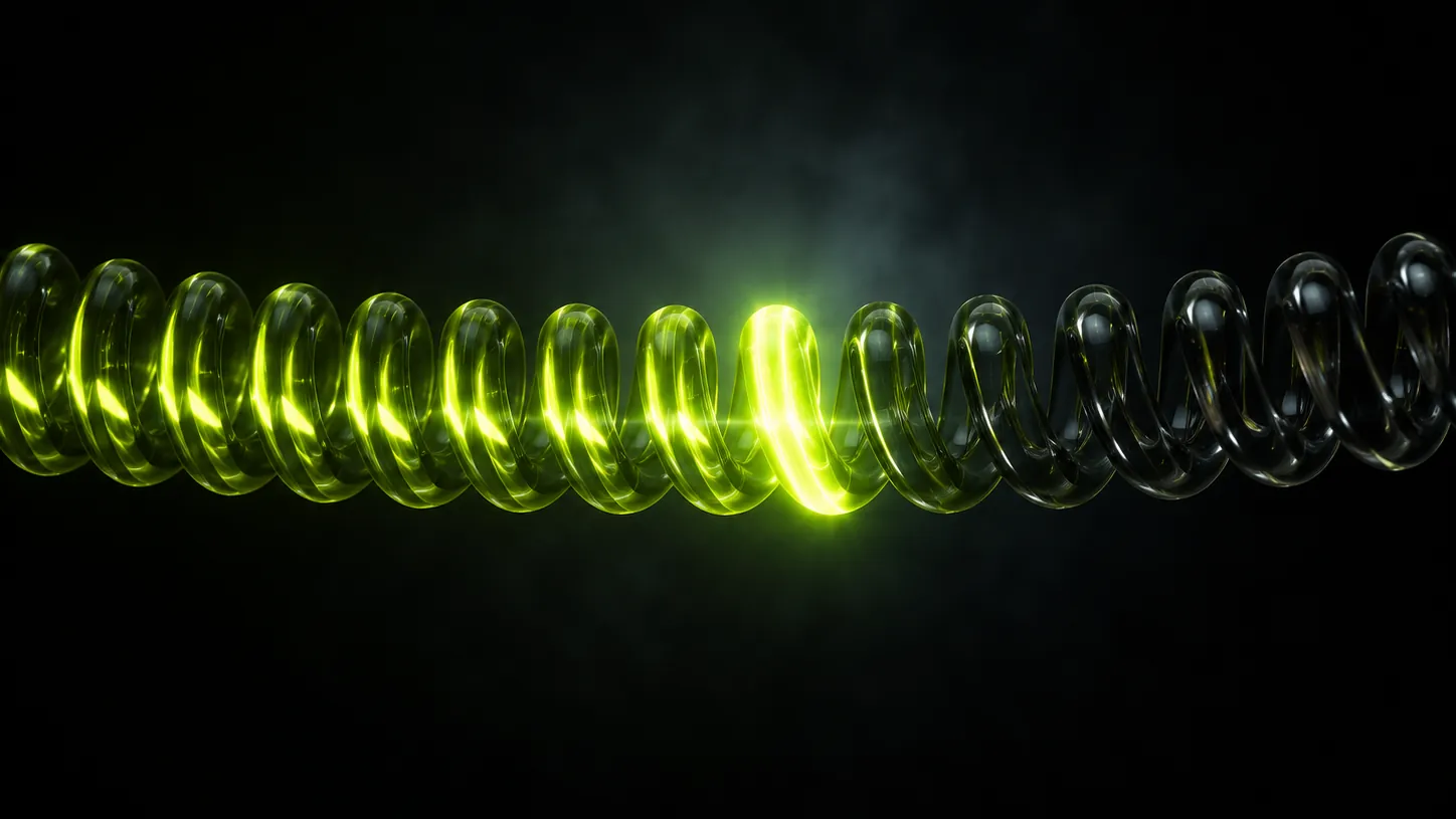 A volt-green pulse of light traveling through a dark glass telephone cord - the instant reply