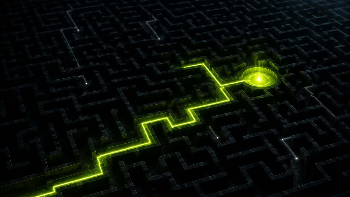A dark labyrinth from above with one volt-green path lit to the center