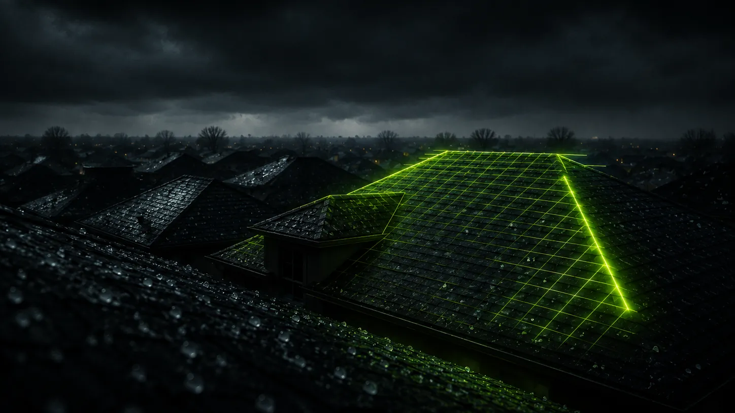 Storm-dark rooftops with one roof overlaid by a volt-green scanning grid, hail glinting on shingles