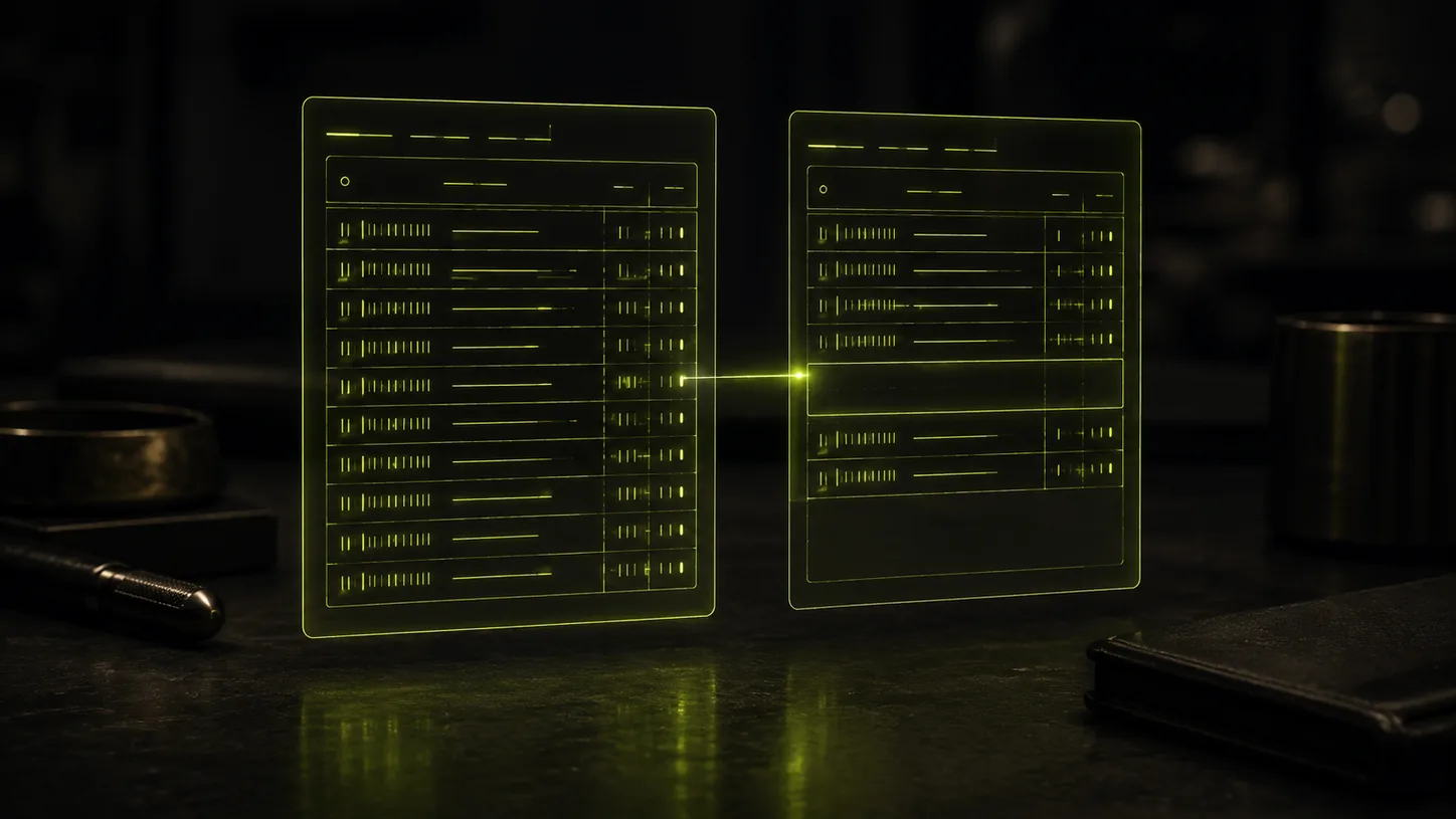 Two floating holographic ledgers of volt-green light showing mismatched rows — the missing sales your dashboards disagree about